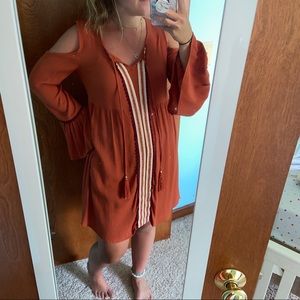 Burnt Orange Boho Cold Shoulder Dress